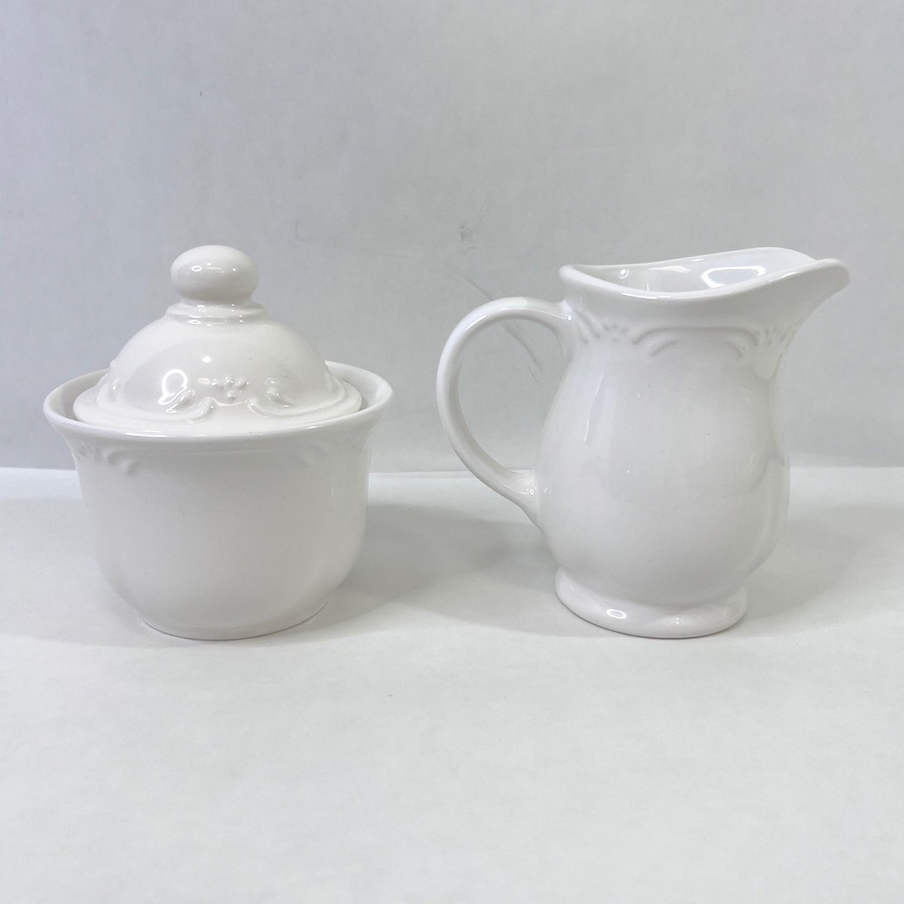 Pfaltzgraff Filigree White Stoneware Sugar Bowl with Lid and Creamer Pitcher Set - Picture 3 of 15